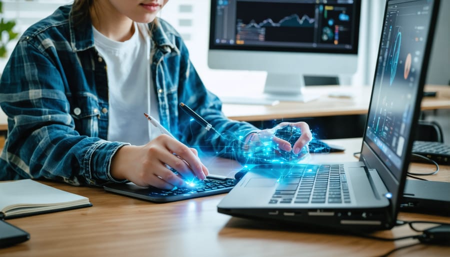 College student working at desk with laptop and tablet displaying digital learning tools