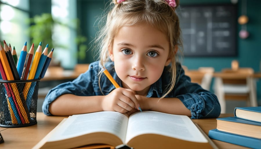Students collaborating and discussing academic work together at library table
