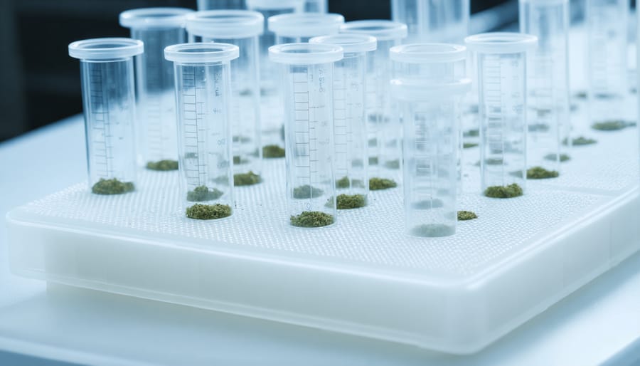 Scientist examining cannabis specimen under magnification in laboratory