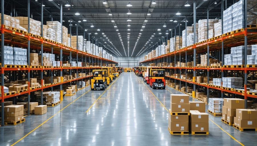 Large warehouse interior showing extensive rows of stacked inventory and pallets