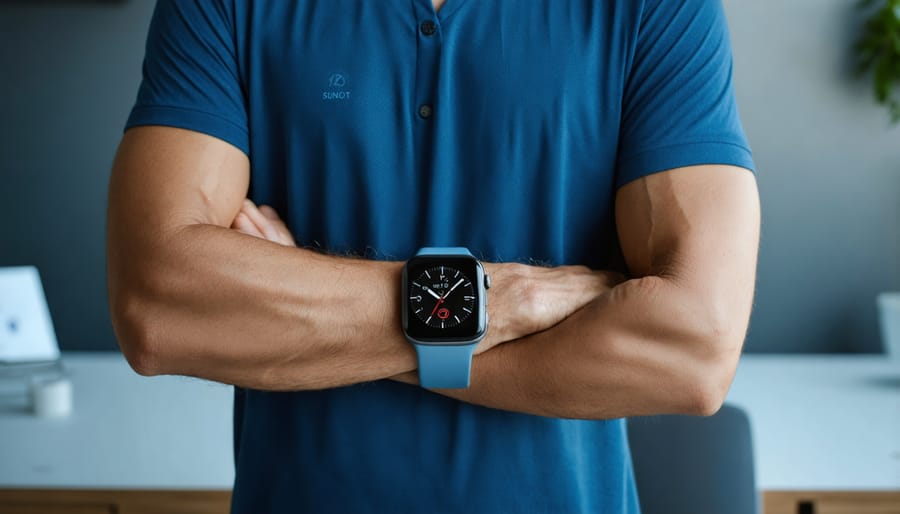 Senior man checking fitness tracker during morning exercise outdoors