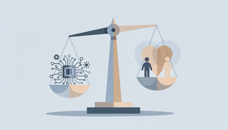 Balanced scales symbolically weighing technology and human elements