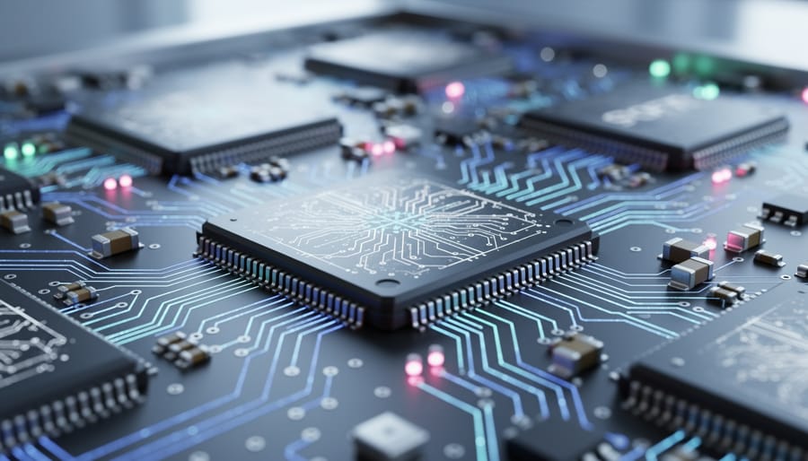 Close-up of AI processing chip and circuit board components showing neural network hardware
