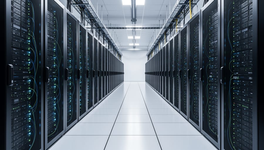 Server room with rows of illuminated storage servers in modern data center