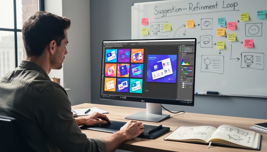 Designer's hands sketching while reviewing AI-generated design options on laptop