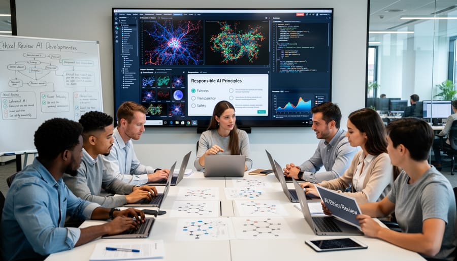 Software engineers working on AI development in modern office environment