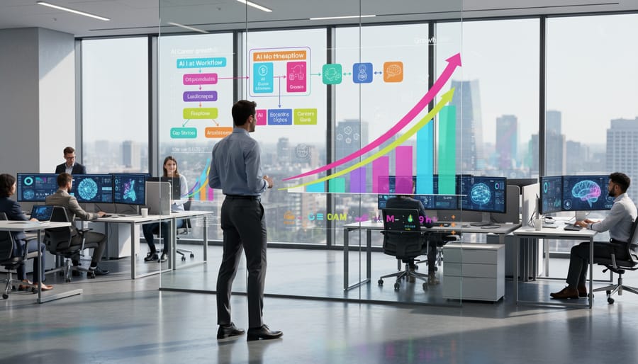 Business professional looking out over city skyline from modern office at sunset