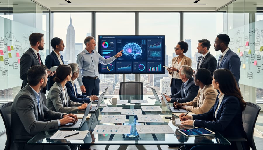 Diverse business team collaborating around laptop in modern office setting
