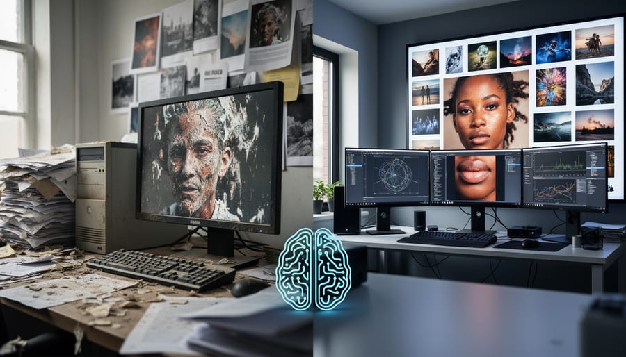 Side-by-side computer monitors displaying contrasting AI model performance results in office environment