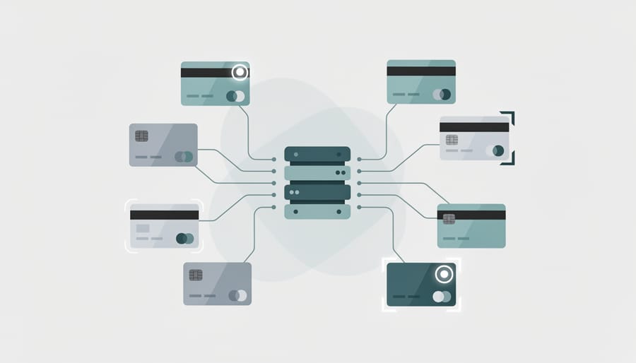 Credit cards with digital network connections representing AI pattern analysis