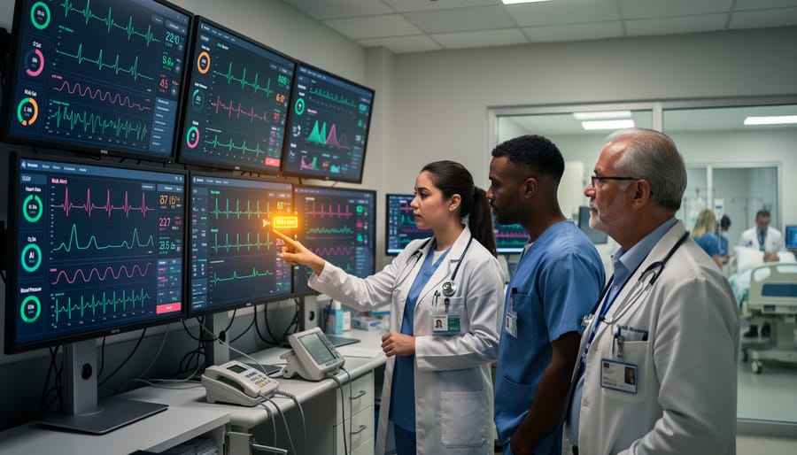 Doctor reviewing real-time patient data on digital tablet in hospital setting