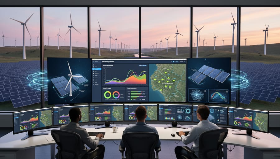 Solar panels and wind turbines in renewable energy installation on green landscape