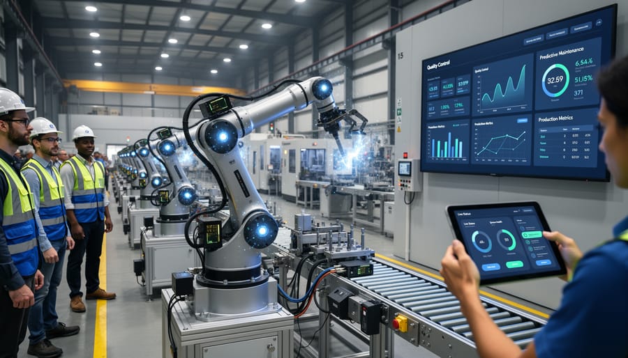 Industrial robotic arm equipped with AI sensors inspecting components on factory assembly line