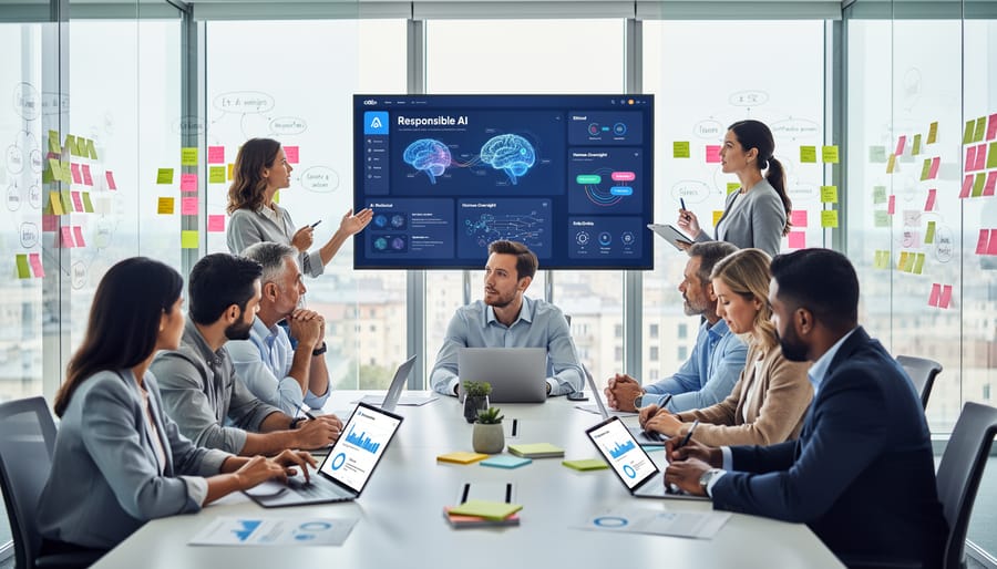 Diverse team of professionals collaborating while reviewing AI system interfaces