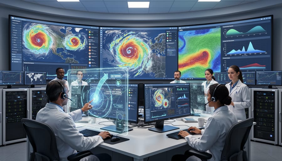 Climate scientist working with advanced weather monitoring systems and satellite data displays