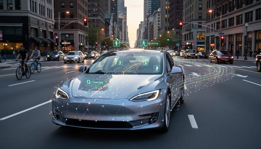 Autonomous vehicle sensor array on car roof in urban environment