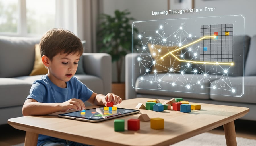 Child's hands arranging wooden building blocks demonstrating learning through experimentation