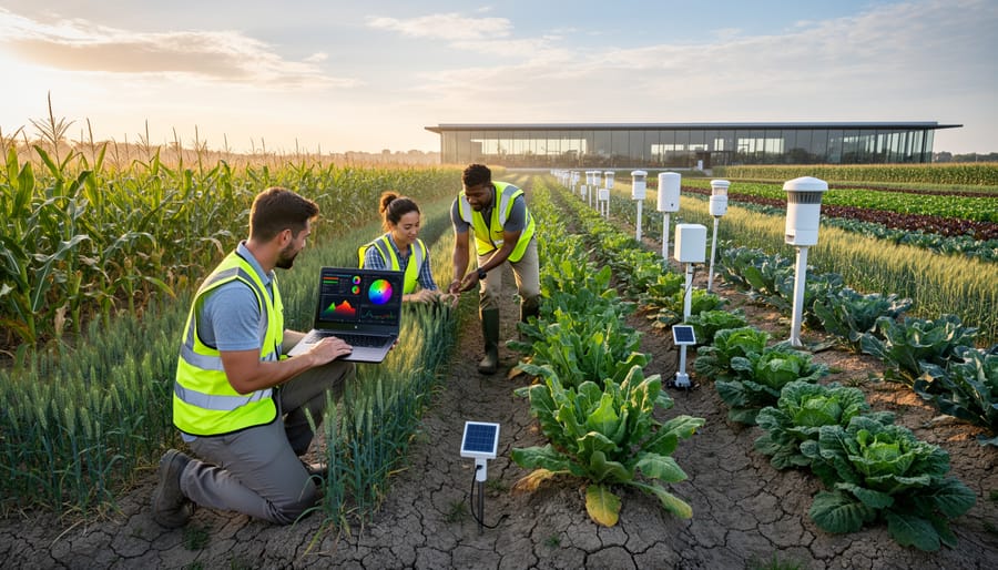 Agricultural scientist examining drought-resistant wheat crops in experimental field