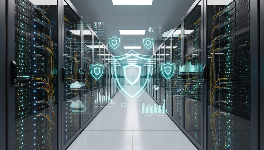 Modern data center server room showing cloud infrastructure hardware