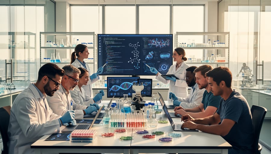 Diverse team of scientists collaborating on biotechnology research with digital molecular displays