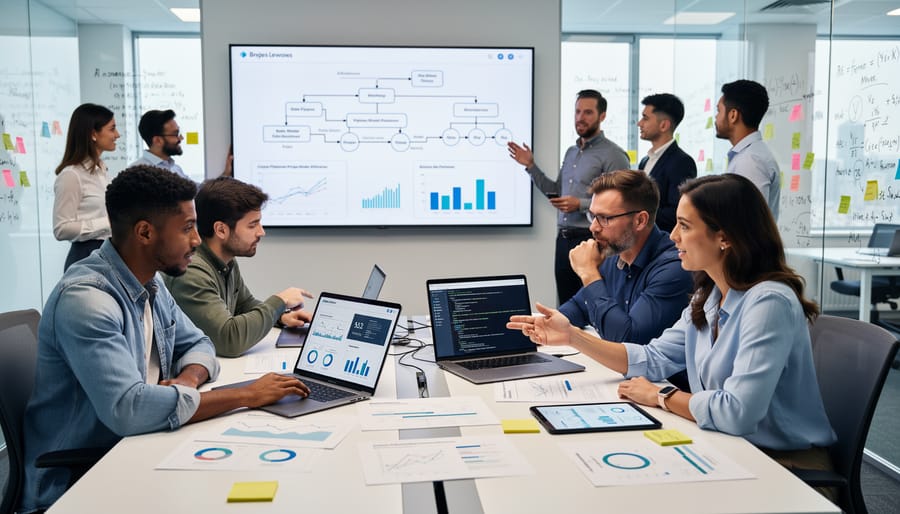 Diverse team of professionals collaborating around table in modern workspace