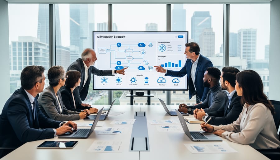 Business team collaborating on Industry 4.0 technology implementation in modern office