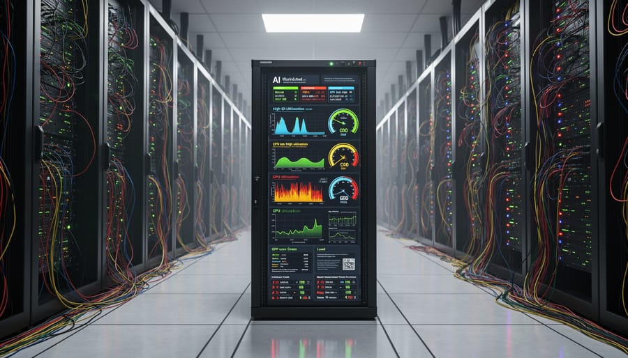 Modern data center server racks with blue LED lighting showing computing infrastructure