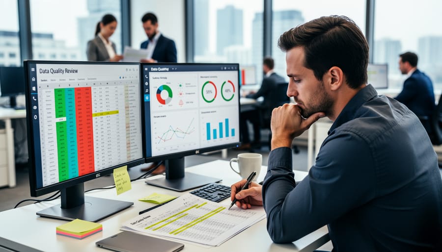 Hands organizing and reviewing documents and photographs on desk with annotation tools