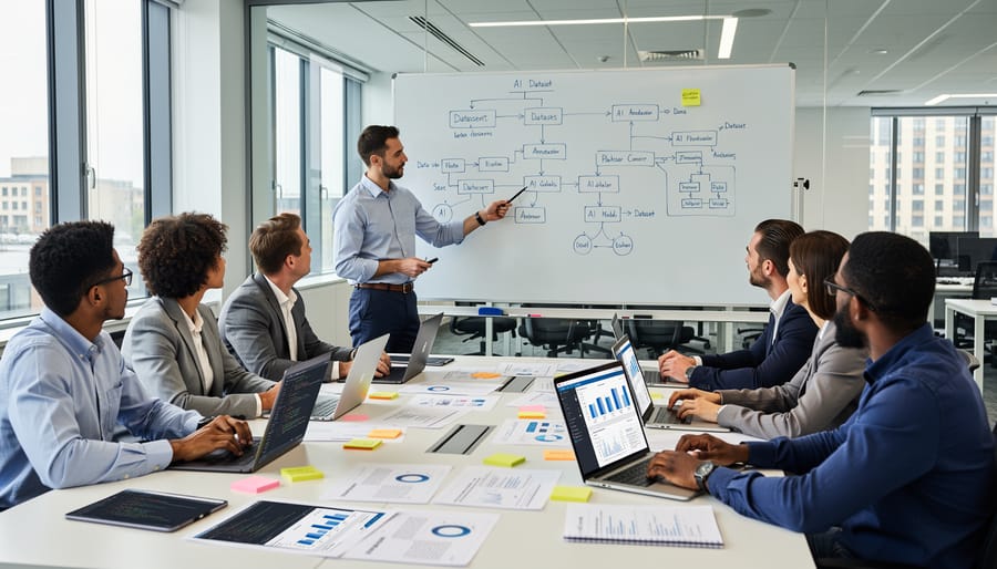 Team of professionals collaborating on data quality project at conference table