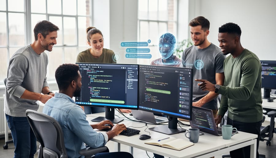 Developer working with AI coding assistant on dual monitor setup
