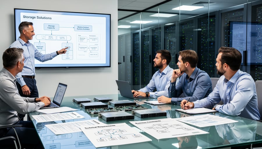 Engineering team evaluating enterprise storage hardware in modern facility