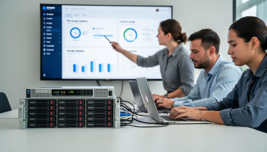 Development workspace with laptop and external storage drives for AI project testing