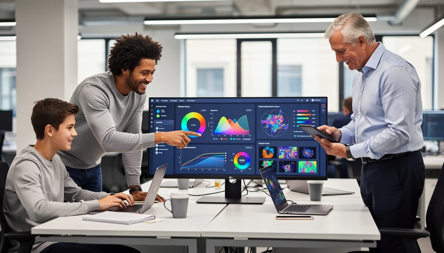 Team collaborating on visual AI feature selection project with laptop and notebooks