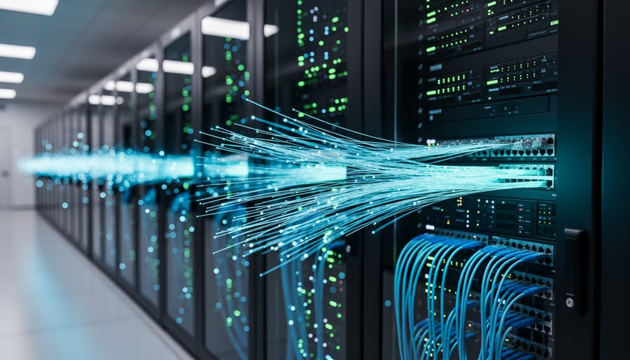 Fiber optic cables with light pulses showing high-speed data transmission