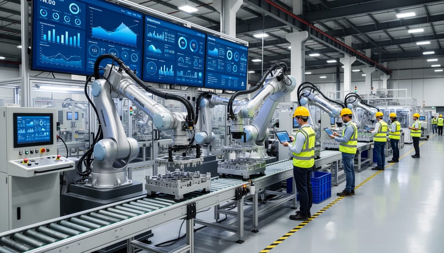 Industrial robots and human workers collaborating in modern smart factory environment