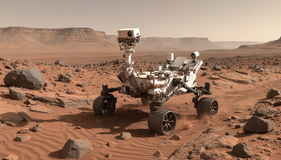 NASA Perseverance rover on the surface of Mars surrounded by rocky terrain