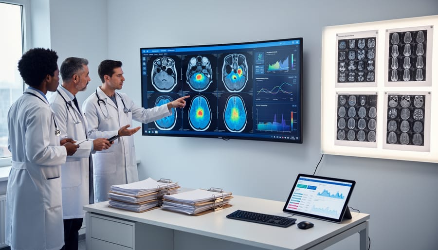 Radiologist reviewing medical imaging on diagnostic monitor in clinical setting