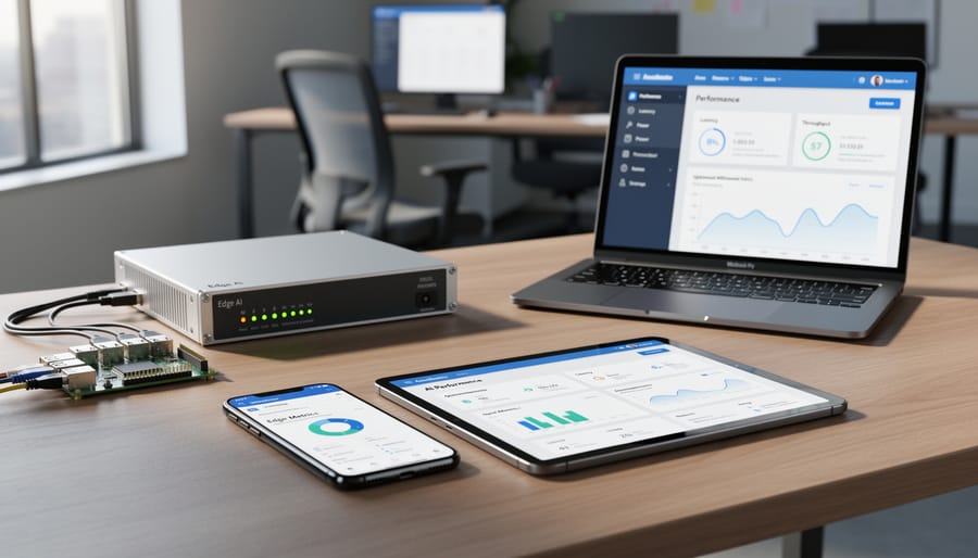 Modern smartphone and edge computing device on minimalist desk showing mobile deployment hardware