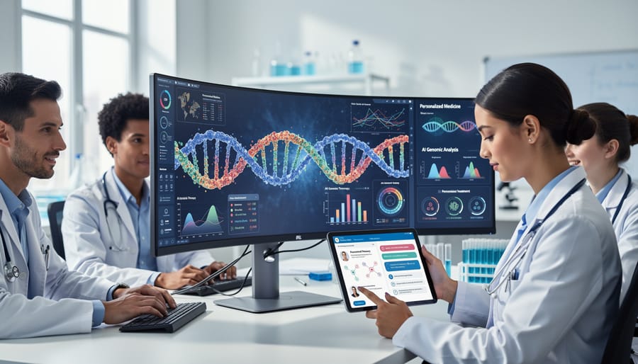 Medical researcher reviewing genetic sequencing data on digital tablet