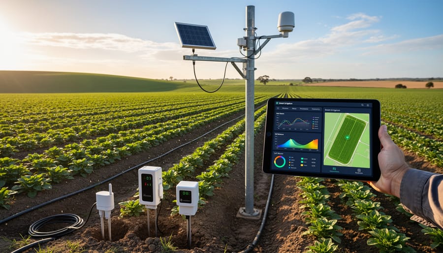 Aerial view of agricultural field with AI-powered sensor stations monitoring crop conditions