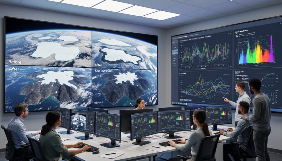 Aerial satellite view of glacier meeting ocean with ice fragments