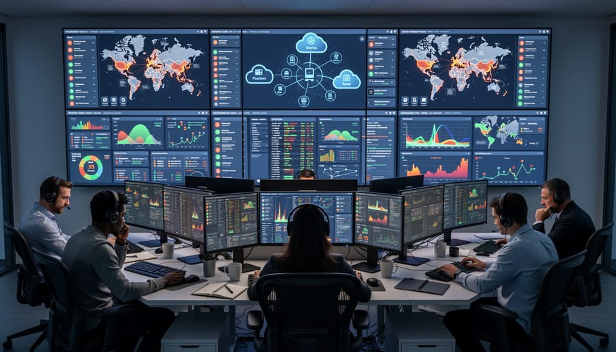 Security analyst at workstation with multiple monitors showing security alerts and data streams