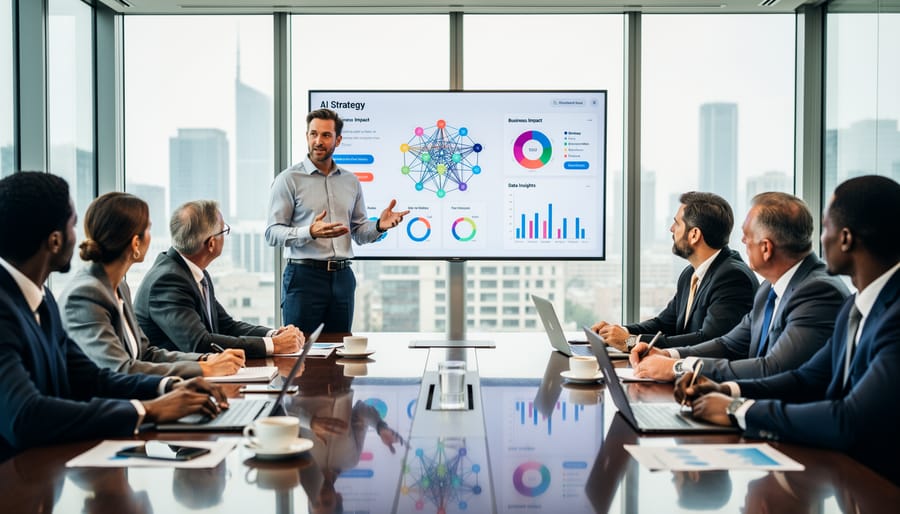 Business professional presenting to executive team in modern conference room