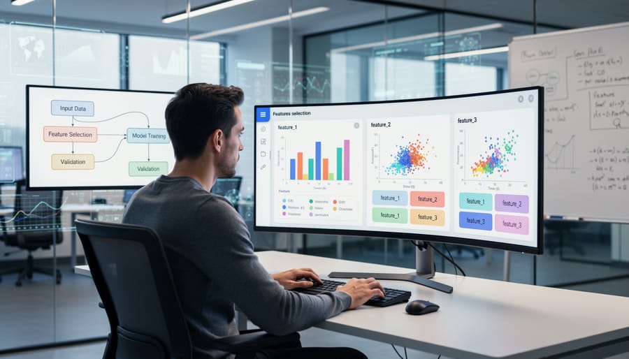 Data scientist working with visual AI tools on laptop in modern office setting