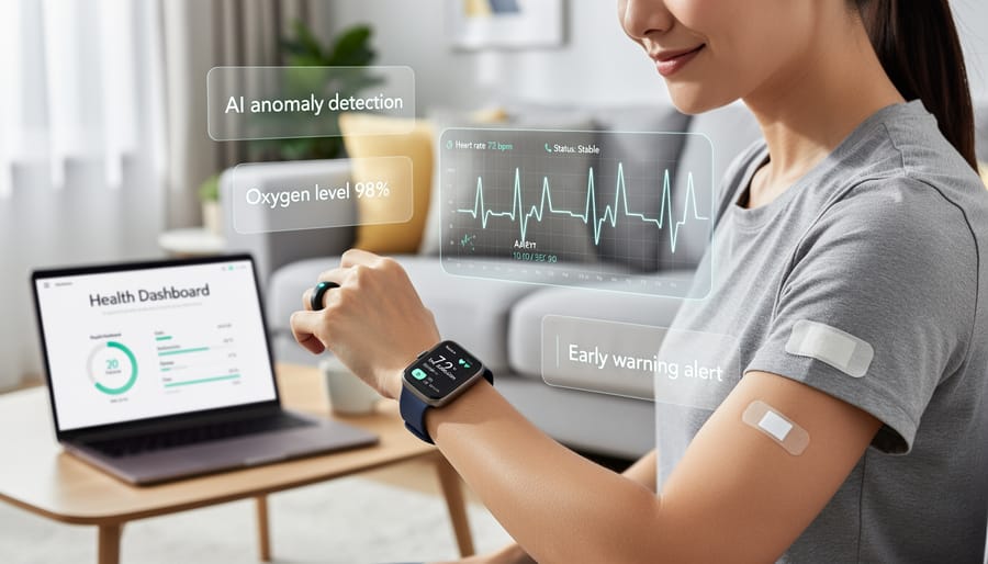 Close-up of wearable health monitoring device with AI sensors on person's wrist