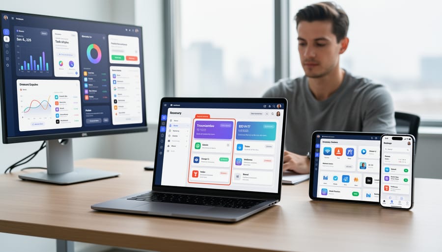 Professional using adaptive productivity software on laptop in office environment