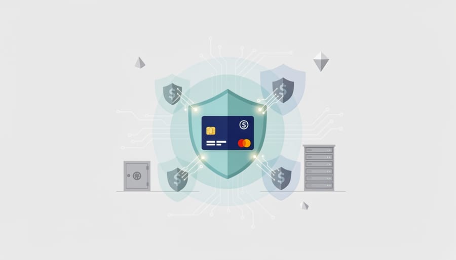 Hands typing on laptop with digital security shield icons representing AI fraud protection