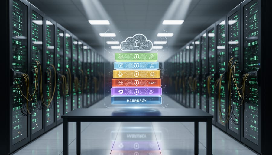 Server room showing modern computing infrastructure with illuminated equipment