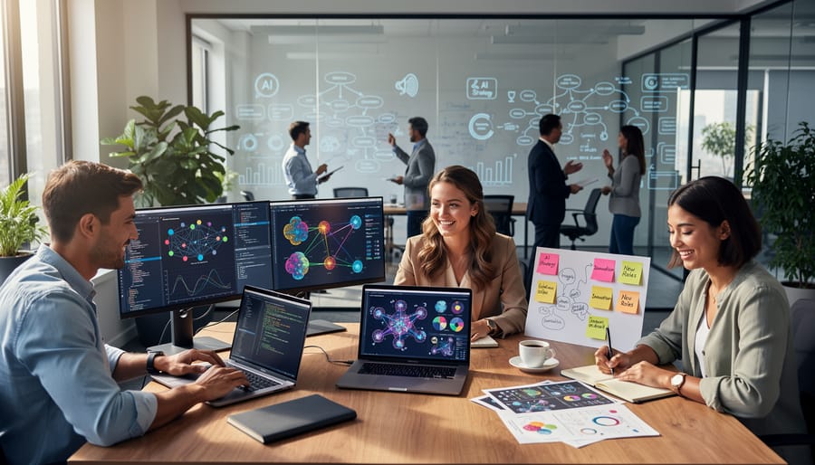 Diverse team of professionals collaborating in modern workspace on AI-related projects