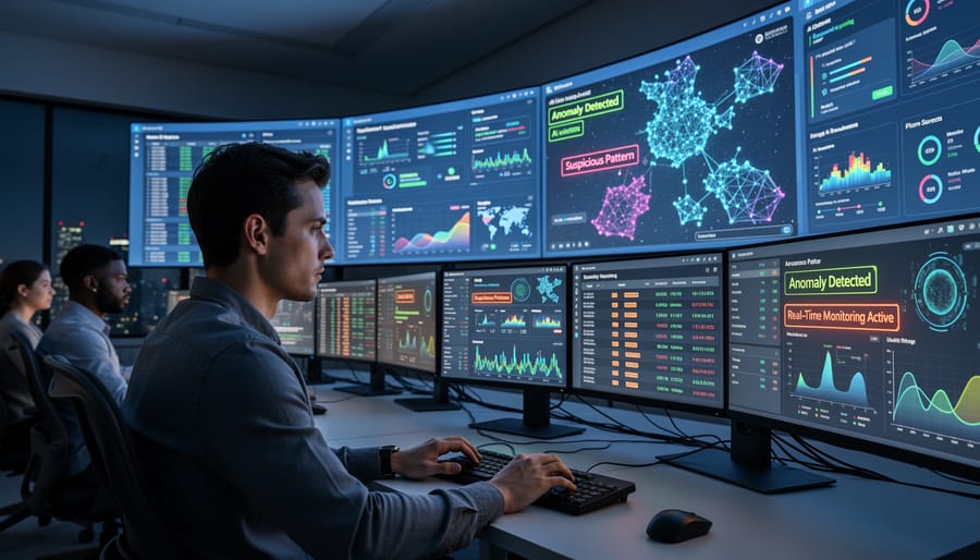 Security monitoring workstation with multiple displays showing system logs and code